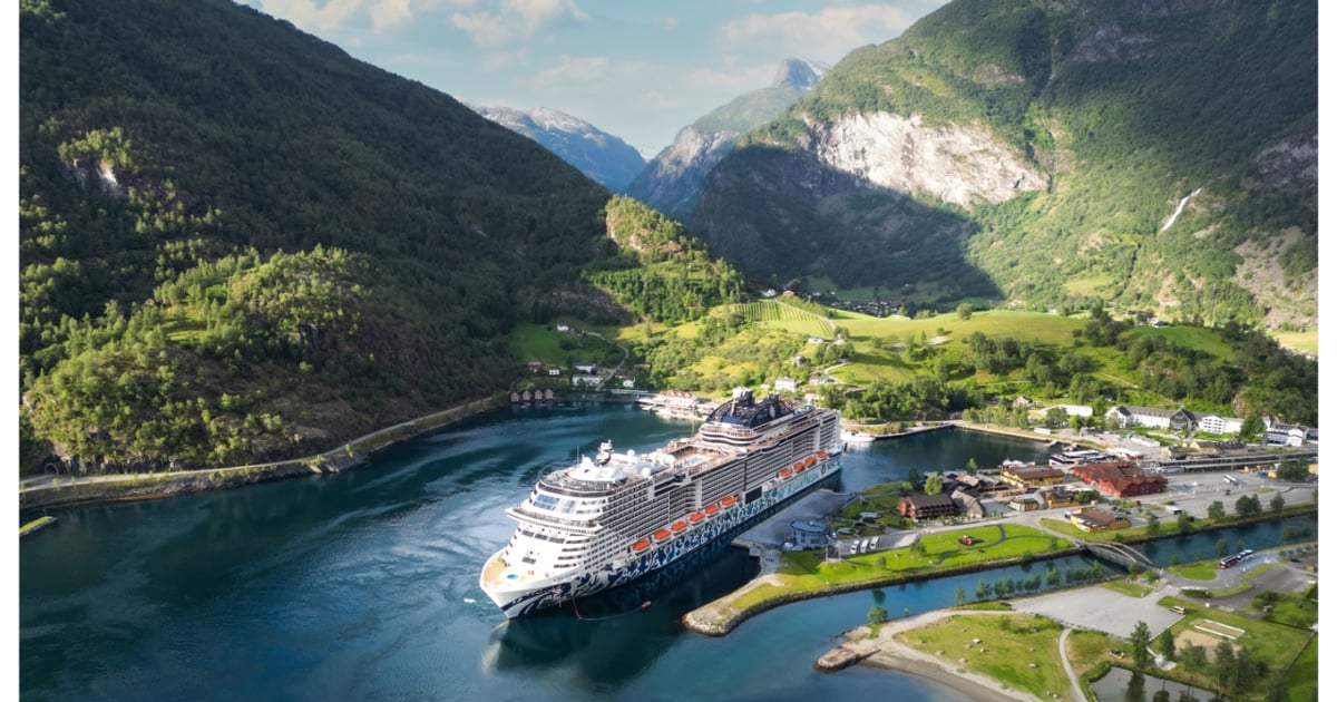 Norwegian fjord cruise viewed from a resort deck